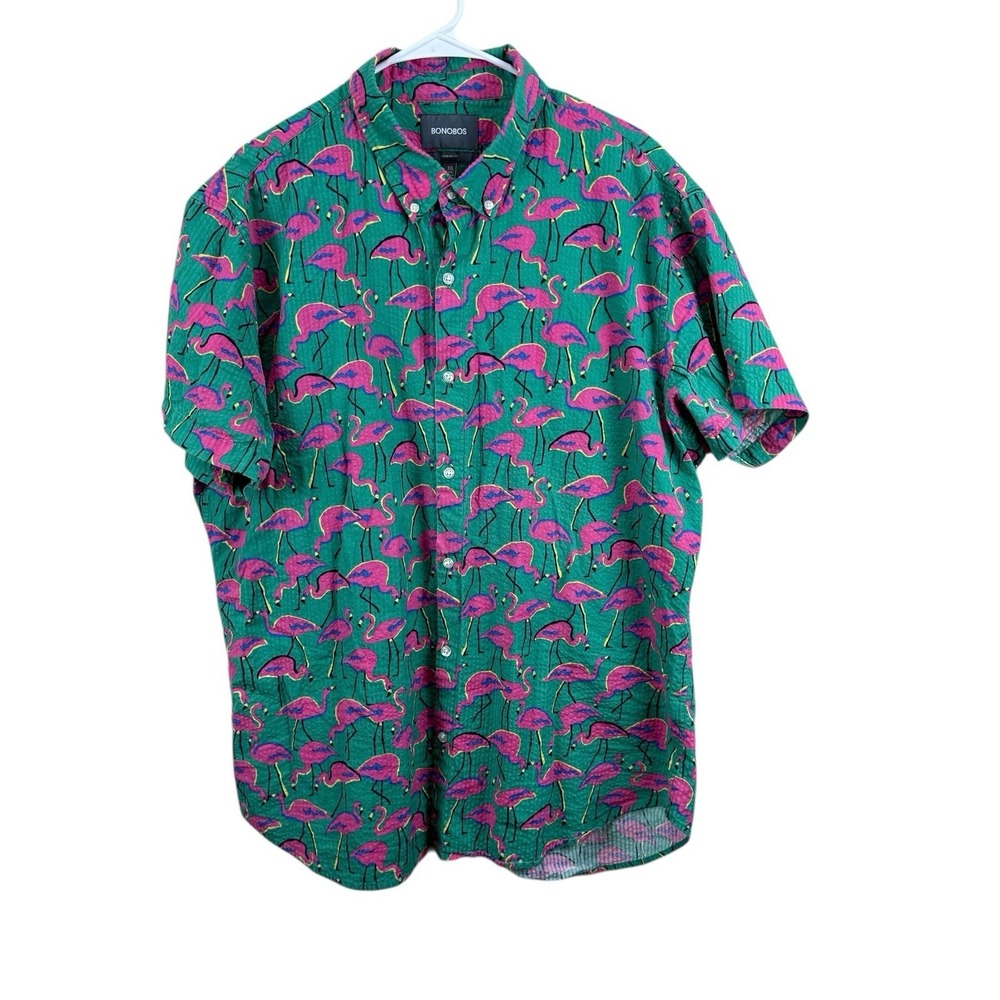 Bonobos Shirt Mens Green Flamingo Print Short Sleeve Button Up Slim Fit XXL